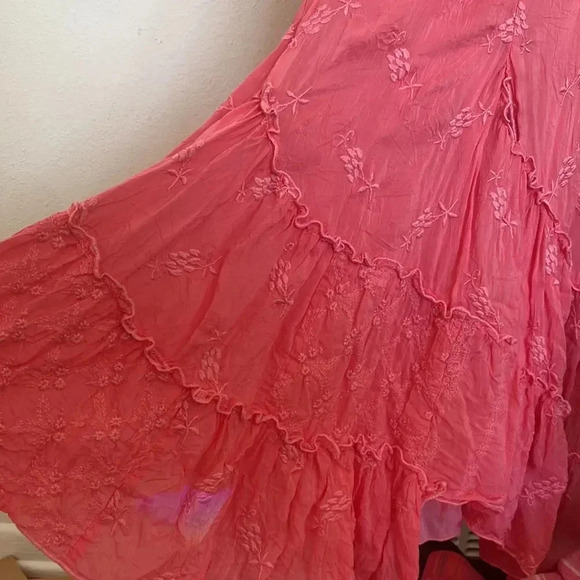 JOHNNY Was sz M ruffled embroidered pink strap dress gorgeous color beachy - Picture 2 of 9